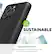 The image features a black cell phone with a green recycling symbol on it, promoting sustainable materials. The external plastic case is made with up to 50% post-consumer recycled plastics. This eco-friendly approach to manufacturing reduces waste and contributes to a more sustainable future.