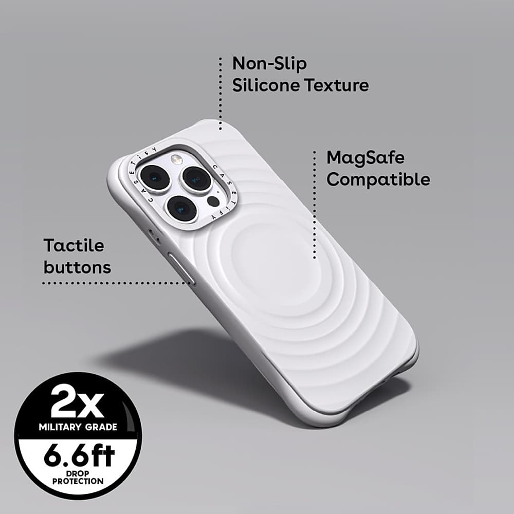The image features a white cell phone case with a non-slip silicone texture. The case has tactile buttons and is MagSafe compatible. It is a military-grade case with a drop protection of 6.6 feet. The case is designed to provide a secure and comfortable grip on the phone.