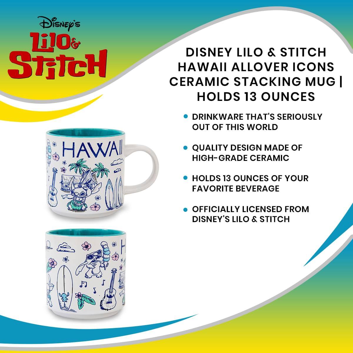 Disney's Lilo & Stitch Hawaii Allover Icons Ceramic Stacking Mug | Holds 13 Ounces

- Drinkware that's seriously out of this world
- Quality design made of high-grade ceramic
- Holds 13 ounces of your favorite beverage
- Officially licensed from Disney's Lilo & Stitch