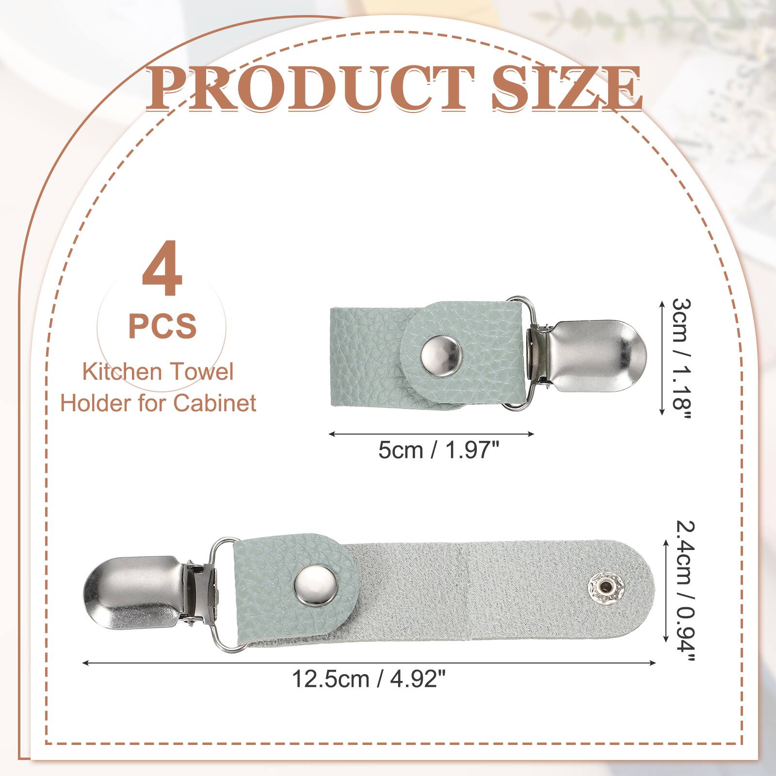 PRODUCT SIZE

4 PCS Kitchen Towel Holder for Cabinet

5cm / 1.97"  
3cm / 1.18"  
12.5cm / 4.92"  
2.4cm / 0.94"