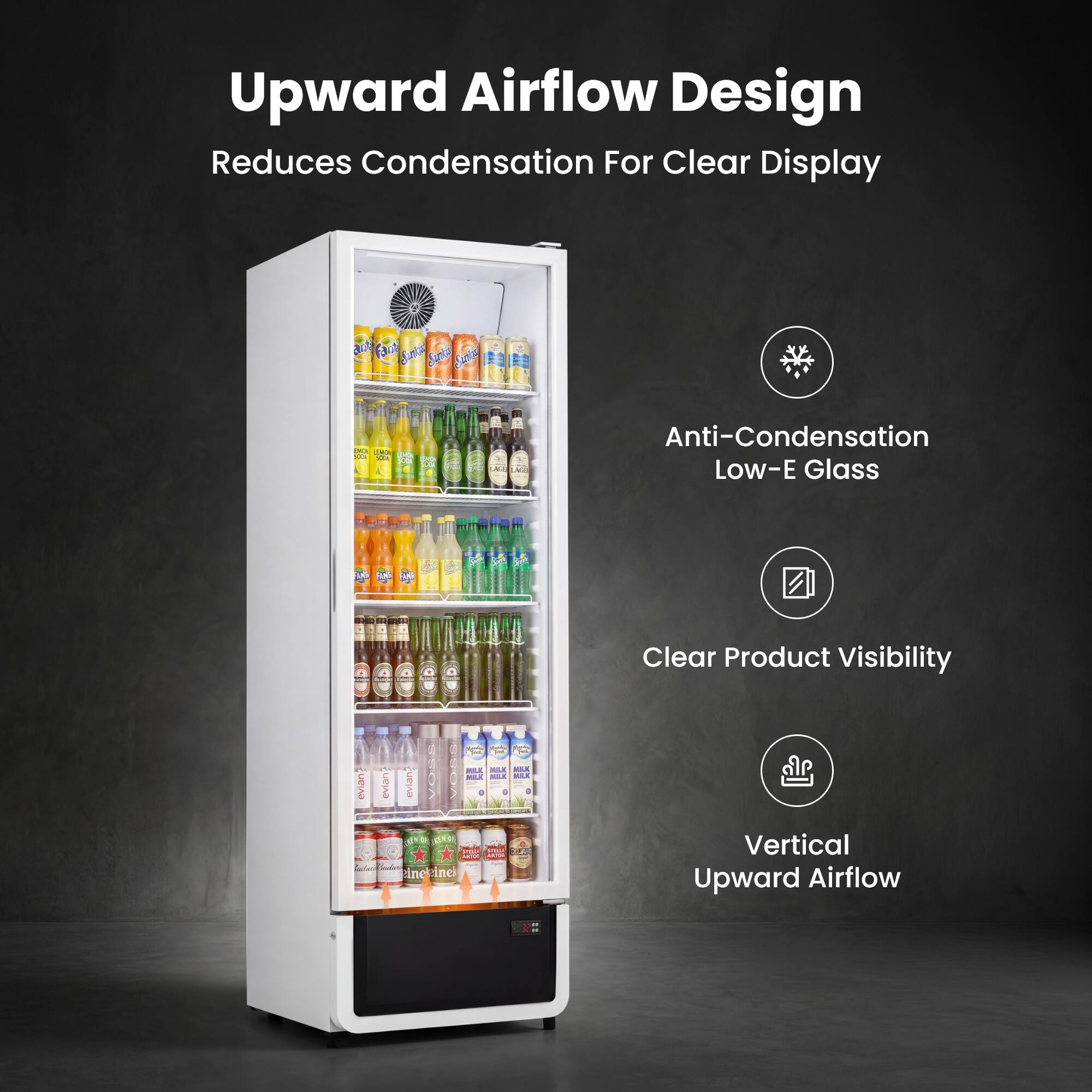 Upward Airflow Design Reduces Condensation For Clear Display

Anti-Condensation Low-E Glass

Clear Product Visibility

Vertical Upward Airflow