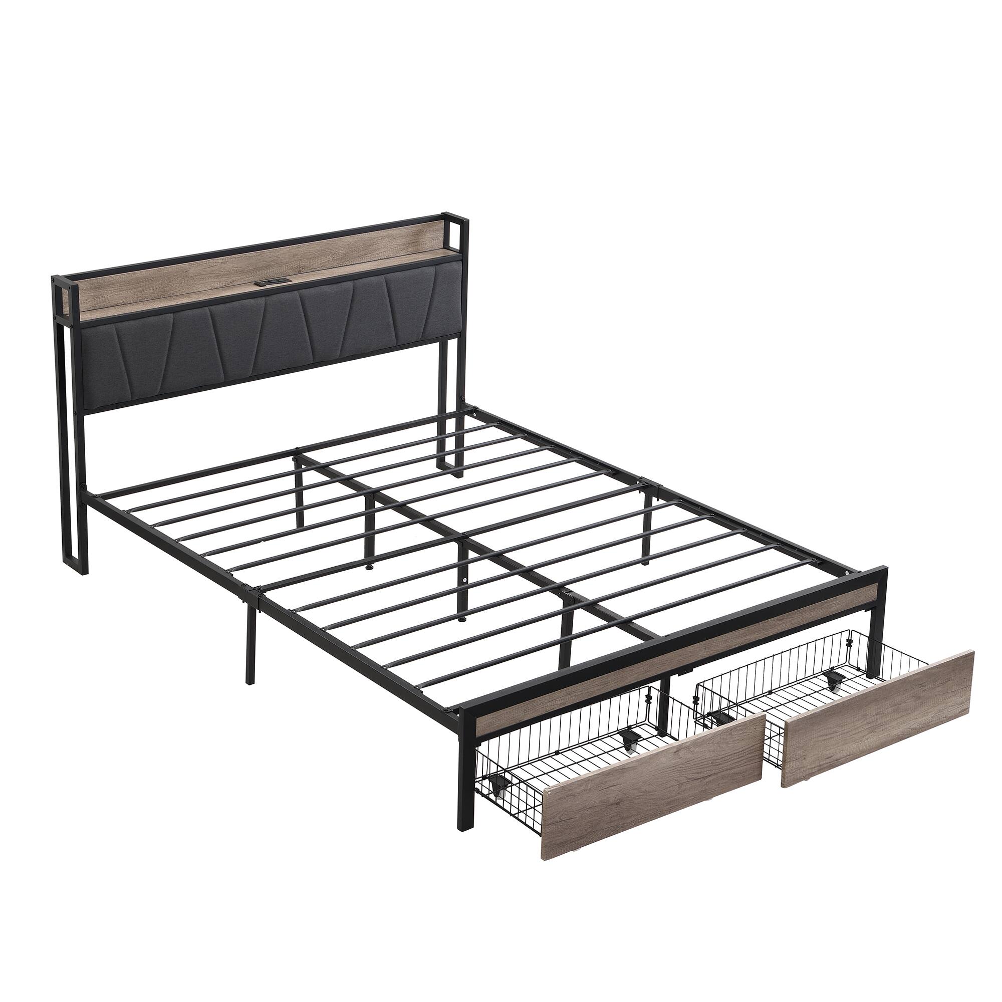 Alt View 1. Trinkets Crazed - Full Size Metal Platform Bed Frame with Storage Headboard and USB and Footboard with Drawers, No Box Spring Needed - Black.