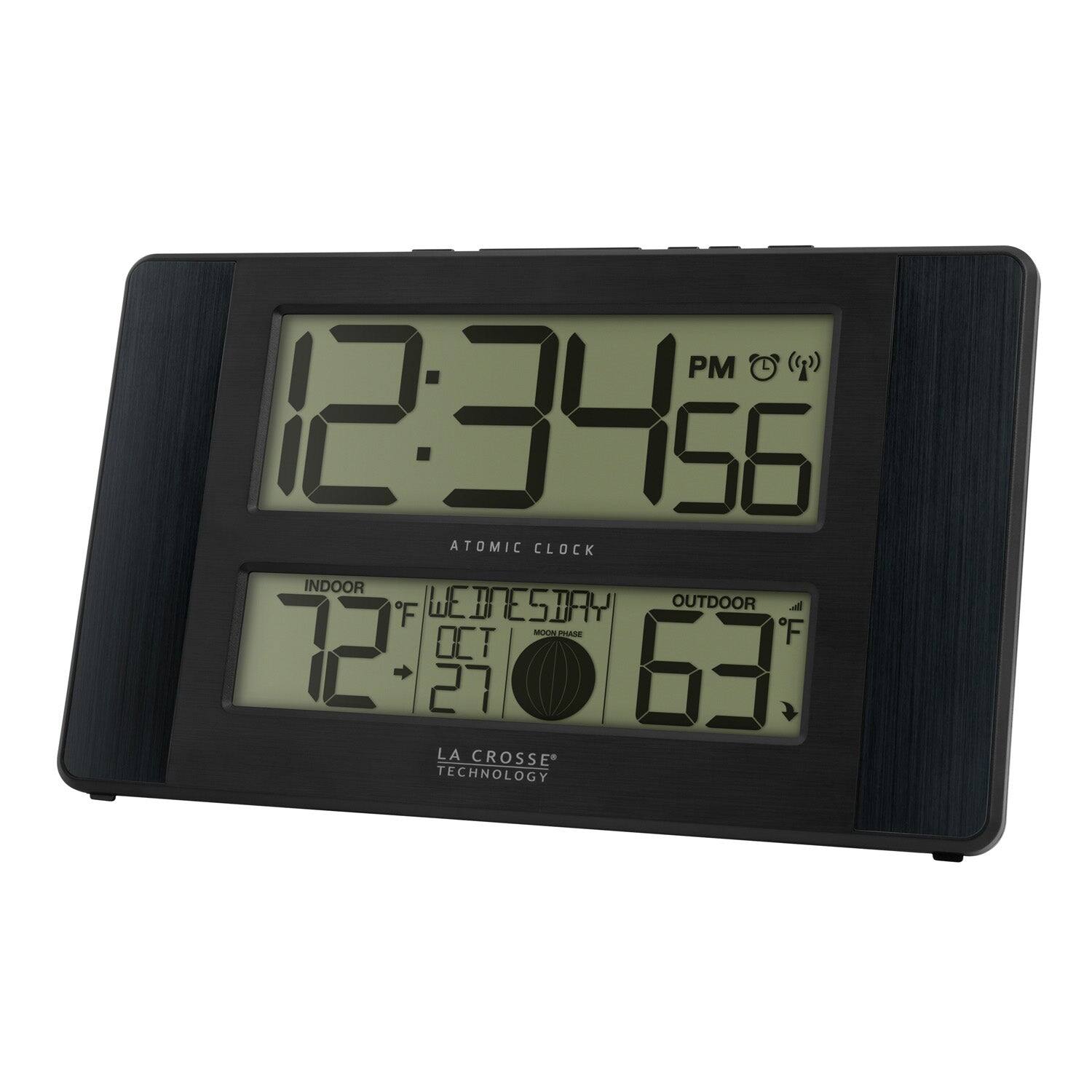 PM 12:34:56  
ATOMIC CLOCK  
INDOOR 72°F  
WEDNESDAY  
OCT 27  
OUTDOOR 63°F  
LA CROSSE TECHNOLOGY