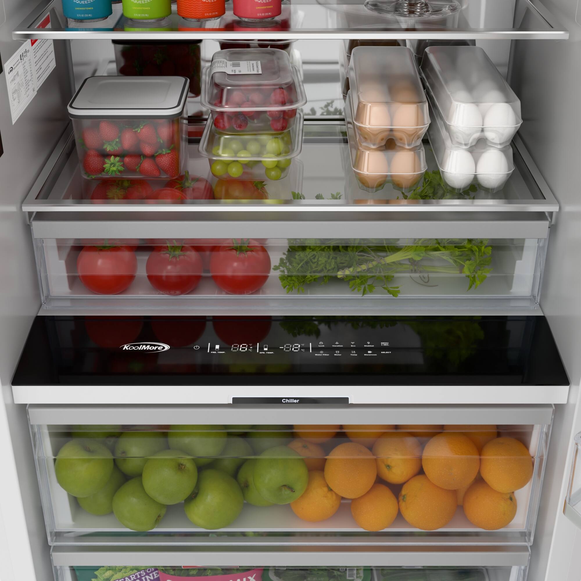 Sure, here is the corrected and grouped text from the image:

---

**Top Shelf:**
- Queso
- Queso
- Queso
- Queso

**Middle Shelf:**
- Strawberries
- Grapes
- Eggs
- Eggs

**Bottom Shelf:**
- Tomatoes
- Herbs

**Control Panel:**
- KoolMore
- 88:1
- -8
- Chiller

**Bottom Drawer:**
- Apples
- Oranges

**Additional Text:**
- ARTS OF NE
- MIX

---