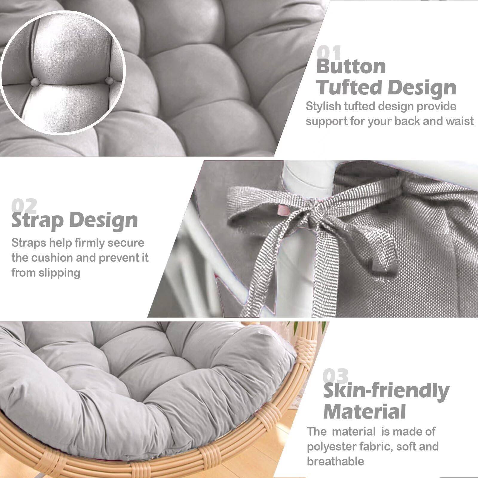 01 Button Tufted Design  
Stylish tufted design provides support for your back and waist  

02 Strap Design  
Straps help firmly secure the cushion and prevent it from slipping  

03 Skin-friendly Material  
The material is made of polyester fabric, soft and breathable