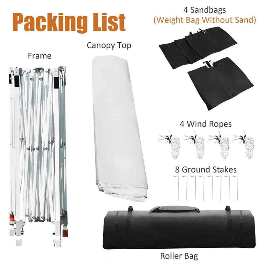 Packing List

- Frame
- Canopy Top
- 4 Sandbags (Weight Bag Without Sand)
- 4 Wind Ropes
- 8 Ground Stakes
- Roller Bag