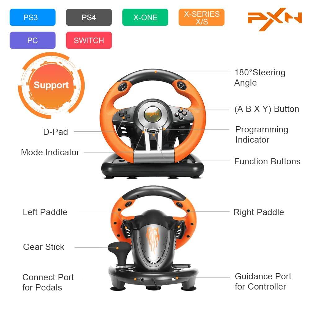 PS3 PC PS4 SWITCH X-ONE X-SERIES X/S PXN Support

- 180° Steering Angle
- (A B X Y) Button
- D-Pad
- Mode Indicator
- Programming Indicator
- Function Buttons
- Left Paddle
- Right Paddle
- Gear Stick
- Connect Port for Pedals
- Guidance Port for Controller