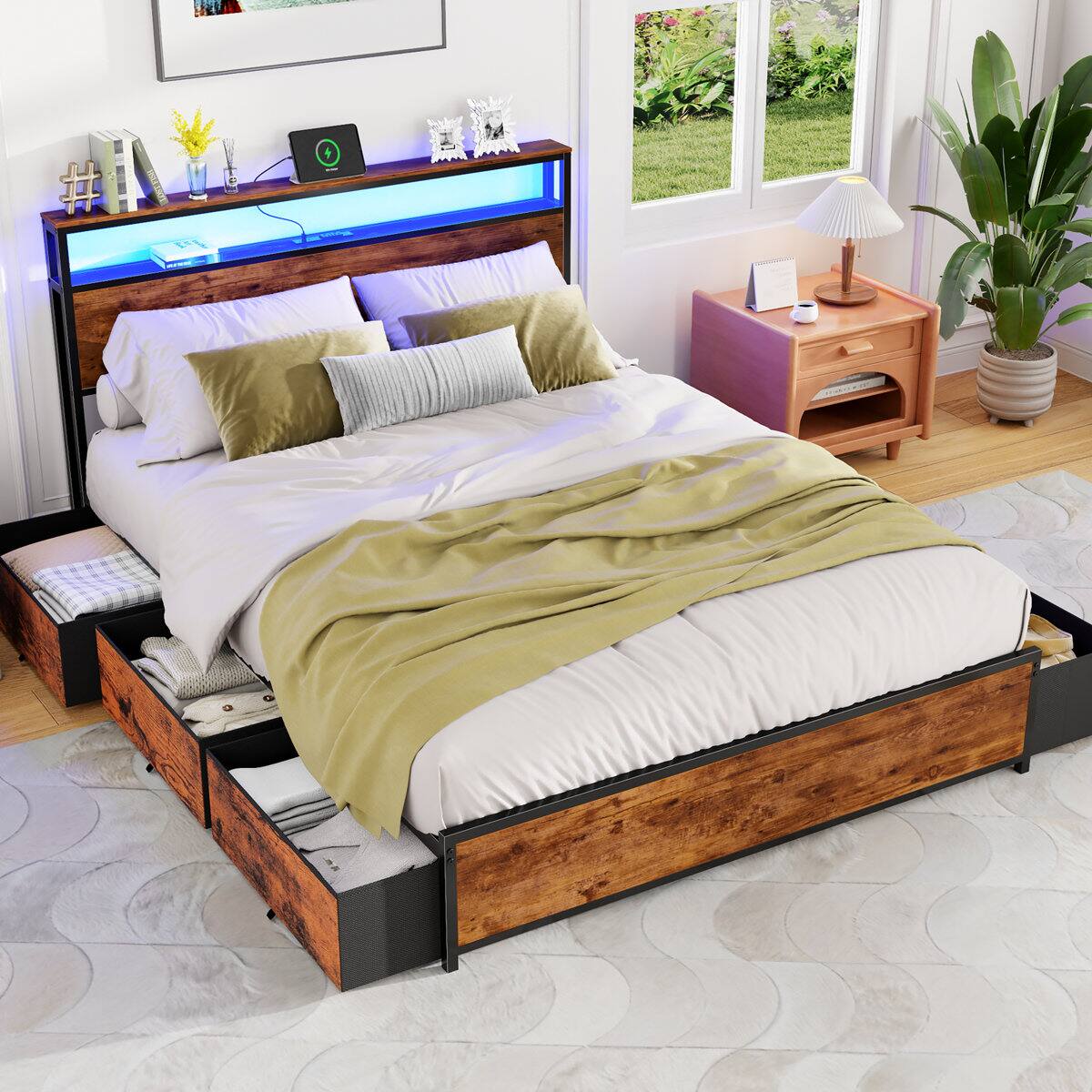 Left. Furnulem - Platform Bed with 6 Drawers and Open Storage Headboard Adjustable LED Light and Charging Station - Brown.