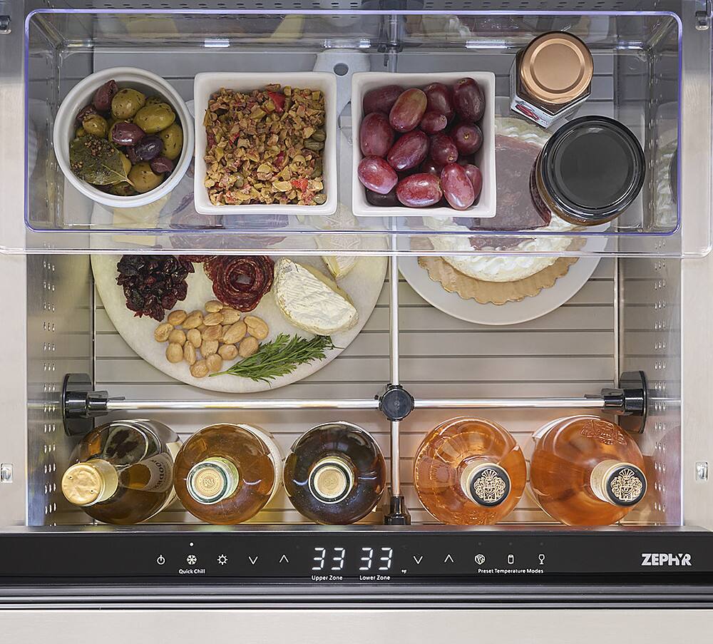 The image shows a variety of food items displayed in a refrigerator. There are three bowls placed in the upper zone, each containing different foods. The lower zone has a plate with a variety of food items, including a cake, and a bottle of wine. The refrigerator also has a display showing the current temperature and time, which is set to 33 degrees.