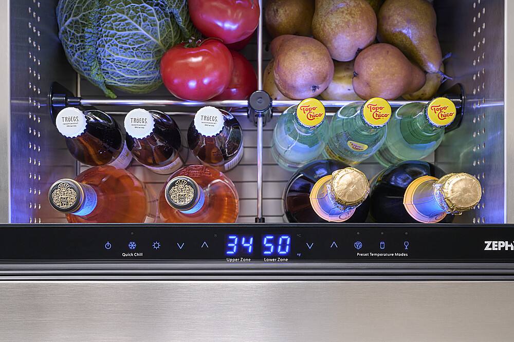 The text on the image reads: "Tropical Heat, Topo Chico, Quick Chill, 34.5 degrees, Upper Zone, Lower Zone, Preset Temperature Modes, ZEPH."