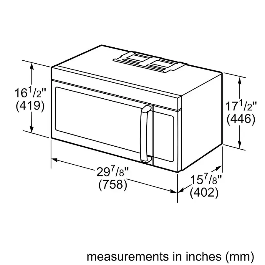 The text on the image reads: "161/2" (419) 171/2" (446) 297/8" (758) 157/8" (402) measurements in inches (mm)."