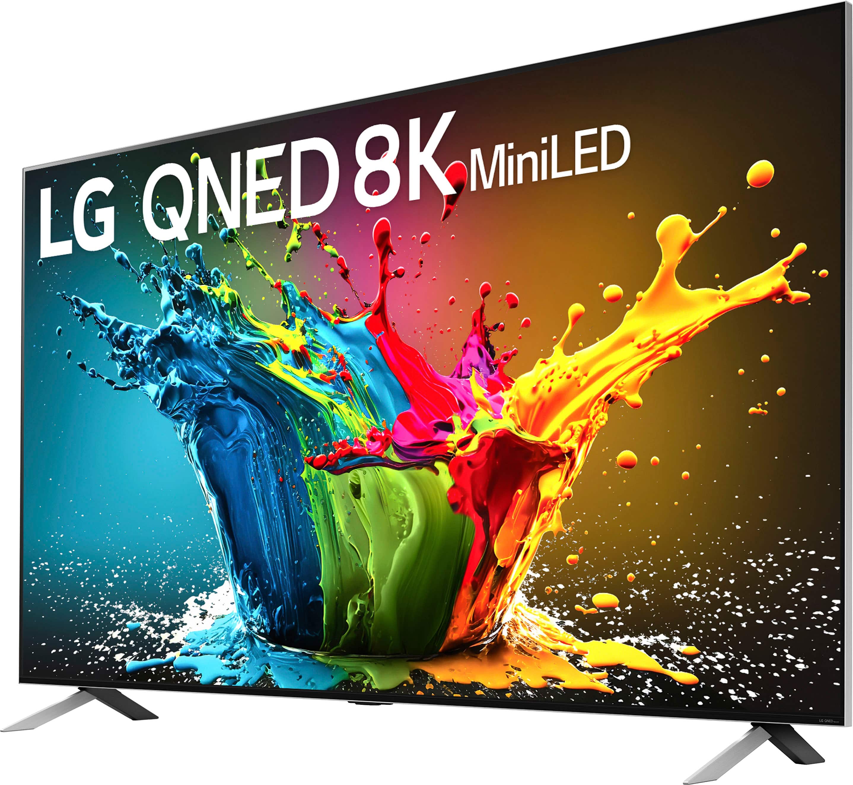 The image features a large flat screen TV with a vibrant display of colors. The TV is advertised as an LG QNED 8K MiniLED TV, which suggests that it offers high-quality visuals and advanced technology. The TV screen is filled with a variety of colors, including red, blue, green, and yellow, creating an eye-catching and dynamic scene. The advertisement emphasizes the TV's impressive display capabilities and its potential to provide an immersive viewing experience for users.