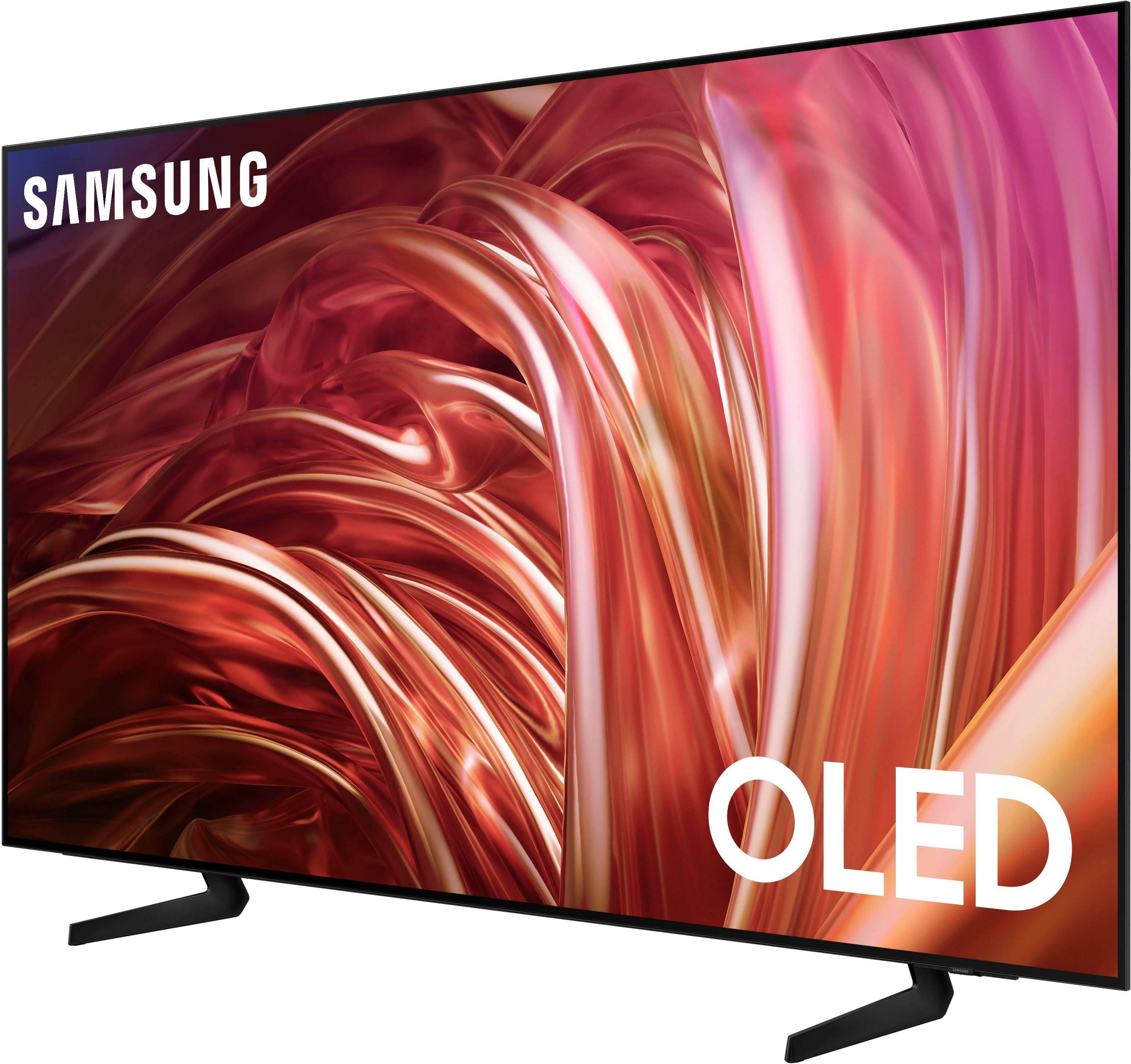 The image features a large Samsung OLED TV screen with a vibrant red background. The TV screen is prominently displayed, taking up most of the image. The Samsung OLED TV is known for its high-quality display and advanced technology, making it a popular choice for entertainment and gaming enthusiasts.