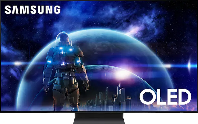 The image features a large Samsung OLED television screen with a man standing in front of a blue planet. The screen is prominently displayed in the image, showcasing the high-quality display of the OLED TV. The man is positioned in the center of the screen, with the planet in the background, emphasizing the vivid and immersive visual experience provided by the Samsung OLED TV.