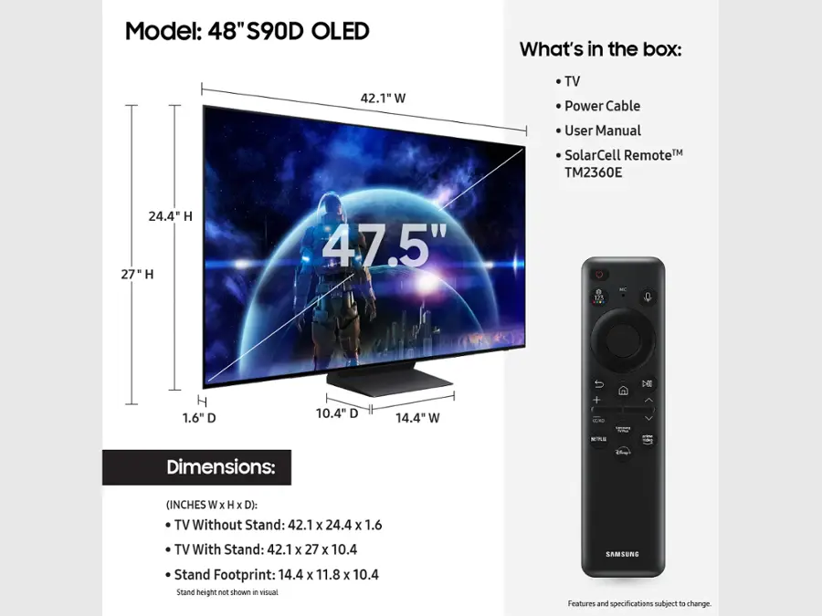 The image features a Samsung 48" S90D OLED television, which is the largest model in the company's lineup. The TV is accompanied by a SolarCell remote, and the box includes a power cable and user manual. The dimensions of the TV without a stand are 42.1" W x 24.4" H x 1.6" D, while the dimensions with a stand are 42.1" W x 27" H x 10.4" D. The stand footprint is 14.4" W x 11.8" x 10.4" D. The image also includes a comparison of the TV's dimensions to a person, providing a sense of scale.