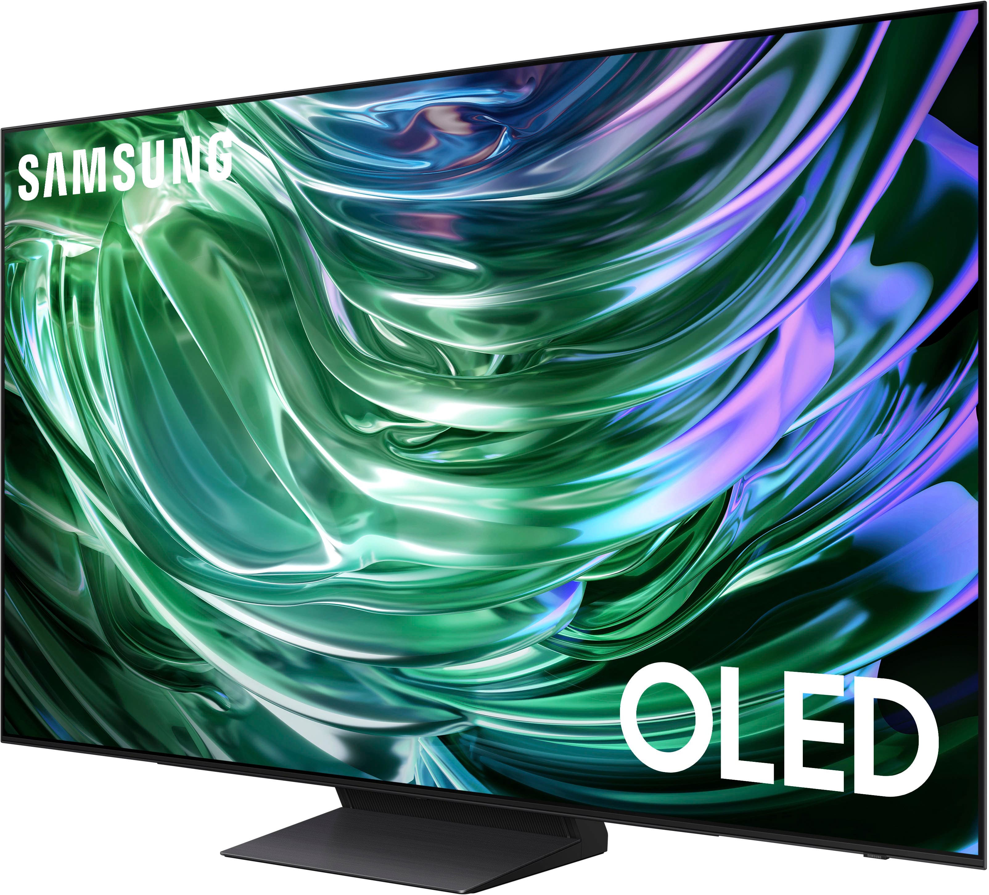 The image features a large Samsung OLED television screen, which is an ultra-high-definition display. The screen is prominently displayed in the image, showcasing its impressive size and resolution. The Samsung OLED television is a top-of-the-line product, known for its vibrant colors, deep blacks, and excellent contrast. This television is designed to provide an immersive viewing experience for users, making it a popular choice for entertainment and gaming enthusiasts.