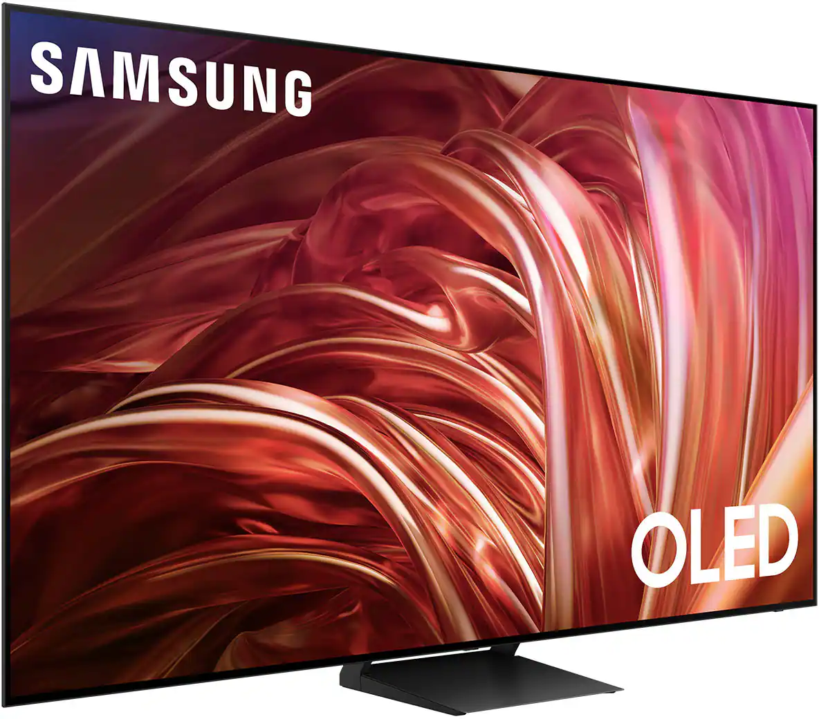 The image features a large Samsung OLED television, which is known for its high-quality display and advanced technology. The TV is placed on a stand, and its screen is filled with a vibrant red background. The Samsung OLED television is designed to provide an immersive viewing experience with its stunning visuals and accurate colors.