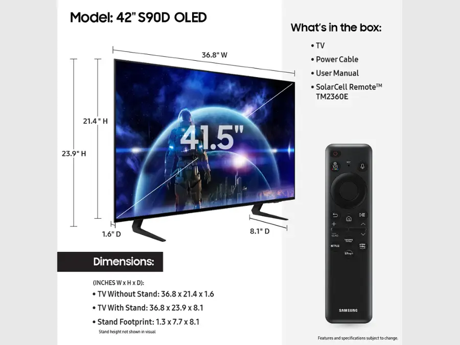 The image features a Samsung 42" S90D OLED television, which is the largest text in the image. The television is accompanied by a remote control, and the box contains a power cable, user manual, and a solar cell remote. The dimensions of the TV without a stand are 36.8 x 21.4 x 1.6 inches, while the dimensions with a stand are 36.8 x 23.9 x 8.1 inches. The Samsung stand footprint is 1.3 x 7.7 x 8.1 inches.