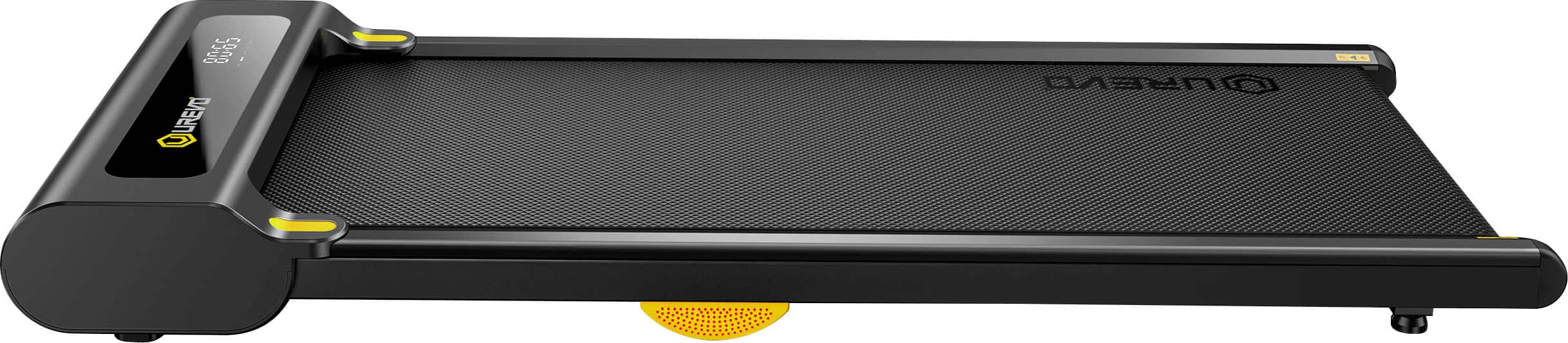 The image features a black and yellow exercise machine, specifically a treadmill. The machine is designed to help users exercise and maintain their fitness. The treadmill is placed on a white background, which makes the machine stand out prominently. The machine is equipped with a yellow button, which is likely used for controlling the speed or other functions of the treadmill.