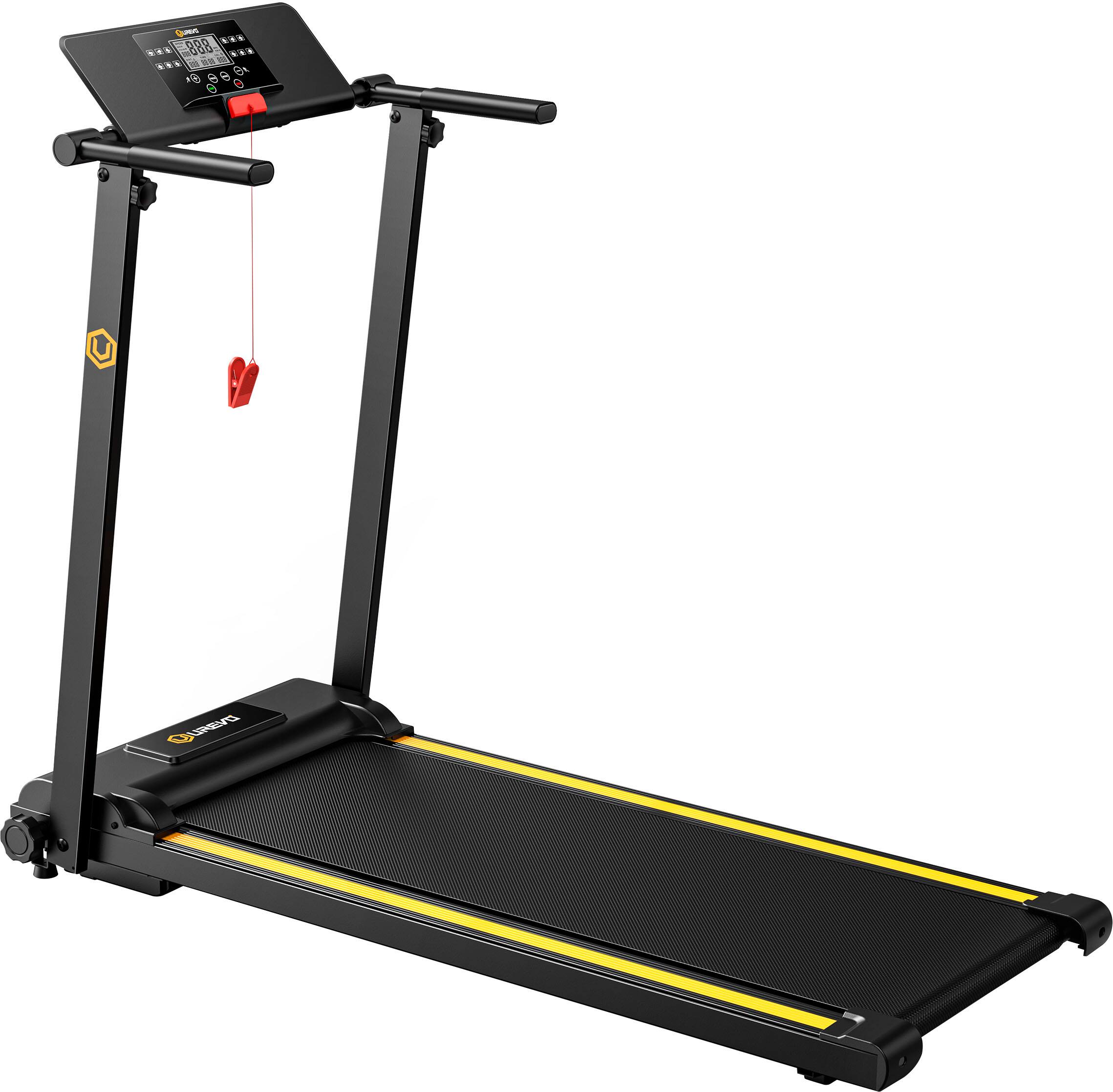 The image features a treadmill with a red cord hanging from it. The treadmill is black and has a yellow stripe on the front. There is a clock on the treadmill, which is likely used for tracking workout time. The treadmill is placed on a white background, making it the main focus of the image.