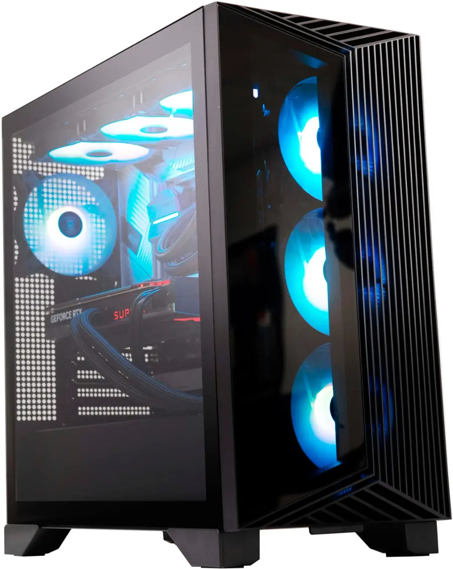 The image features a black computer tower with a blue light on the front. The tower is a part of a Seforce computer system, which is designed to provide high-performance computing capabilities. The tower is equipped with a powerful processor and a large cooling system to ensure optimal performance and prevent overheating. The blue light on the front of the tower indicates that the system is functioning properly and is ready for use.