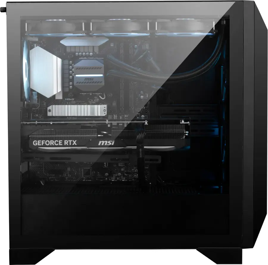 The image features a computer tower with a clear window on the side, showcasing its internal components. The tower is a black MSI GeForce RTX model, which is a powerful gaming computer. The components inside the tower include a CPU, GPU, RAM, and other essential parts, all neatly arranged and visible through the transparent window.