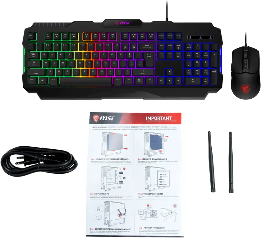 The image features a black MSI keyboard with a colorful rainbow design, accompanied by a mouse and a manual. The keyboard is placed next to a computer mouse, and the manual is positioned nearby. The combination of the keyboard, mouse, and manual suggests that this is a computer setup, possibly for gaming or other computer-related activities.