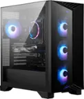 The image features a black computer tower with a large MSI logo on the side. The tower has a transparent window, allowing a clear view of the internal components, including the motherboard and fans. The fans are positioned at the top and bottom of the tower, providing efficient cooling for the system.