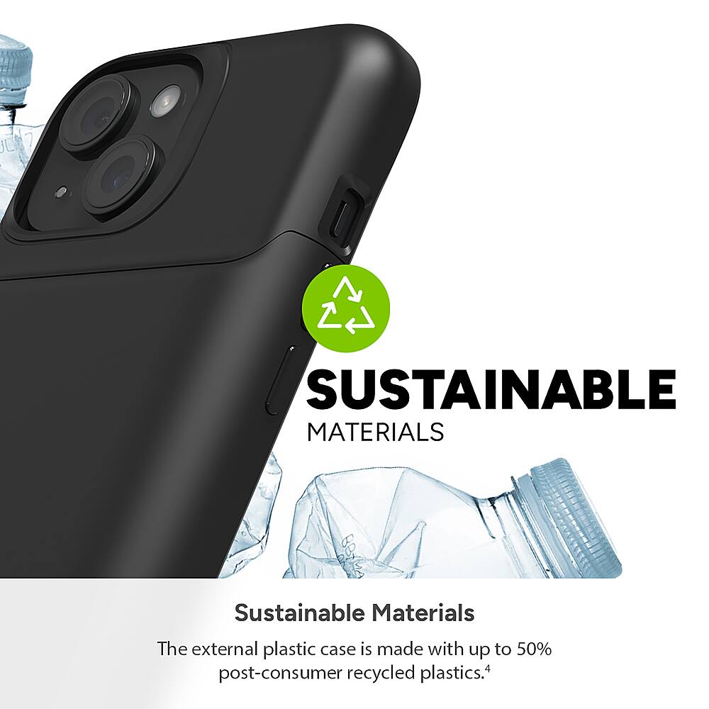 The external plastic case is made with up to 50% post-consumer recycled plastics. Sustainable Materials.