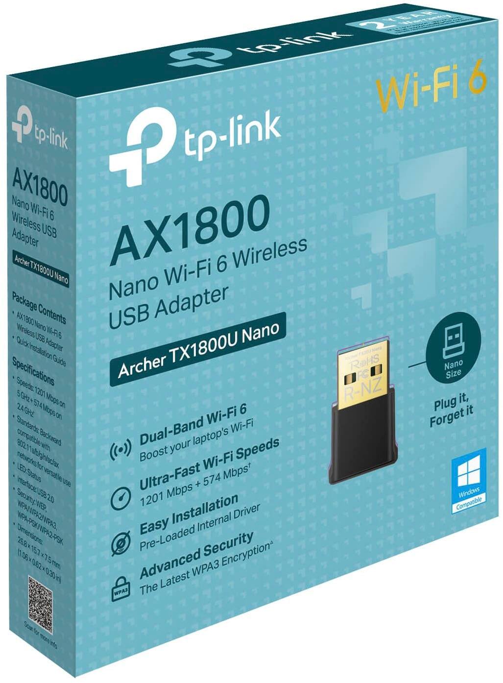 The text on the image reads:

"TP-Link Wi-Fi 6 AX1800 Nano USB Adapter Archer TX1800U Nano Wi-Fi Package Contents: USB Wi-Fi Adapter, Quick Installation Guide, Archer TX1800U, RoHS, Nano Specifications: Speeds: 5 GHz, Size: 574 MBps + 2.4 GHz, 1201 Mbps, USB 2.0, Windows WPA/WPA2/WPA3 Encryption, Pre-Loaded Security, Latest WPA3, Compatible with your laptop's USB port."