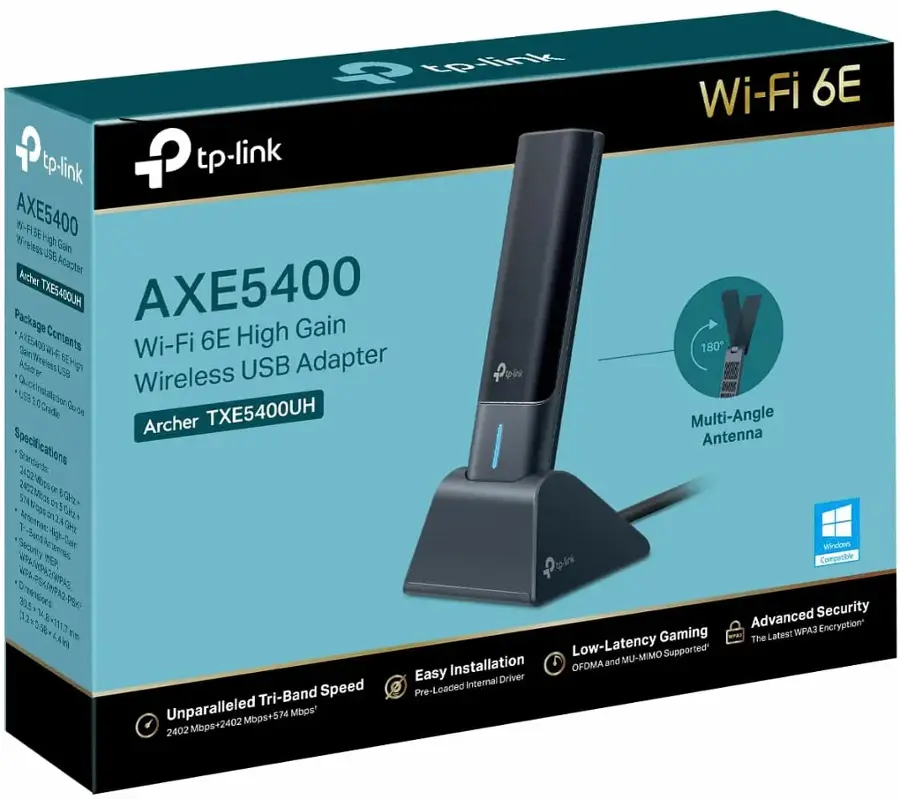 The text on the image is grouped and corrected as follows:

"TP-LINK AXE5400 Wi-Fi 6E High Gain 2.4GHz/5GHz 802.11ax 2x2 MU-MIMO USB Adapter - Archer TXE5400UH - Multi-Angle Antenna - 2402120C00 - Black - Windows 32/64-bit Compatible - Pre-Loaded Unparalleled 2.4GHz/5GHz 433/574/2402 Mbps - Low-Latency Gaming - Supported: Latest WPA3 and MU-MIMO - Easy Installation - OFDMA Internal Driver - Tri-Band Speed."