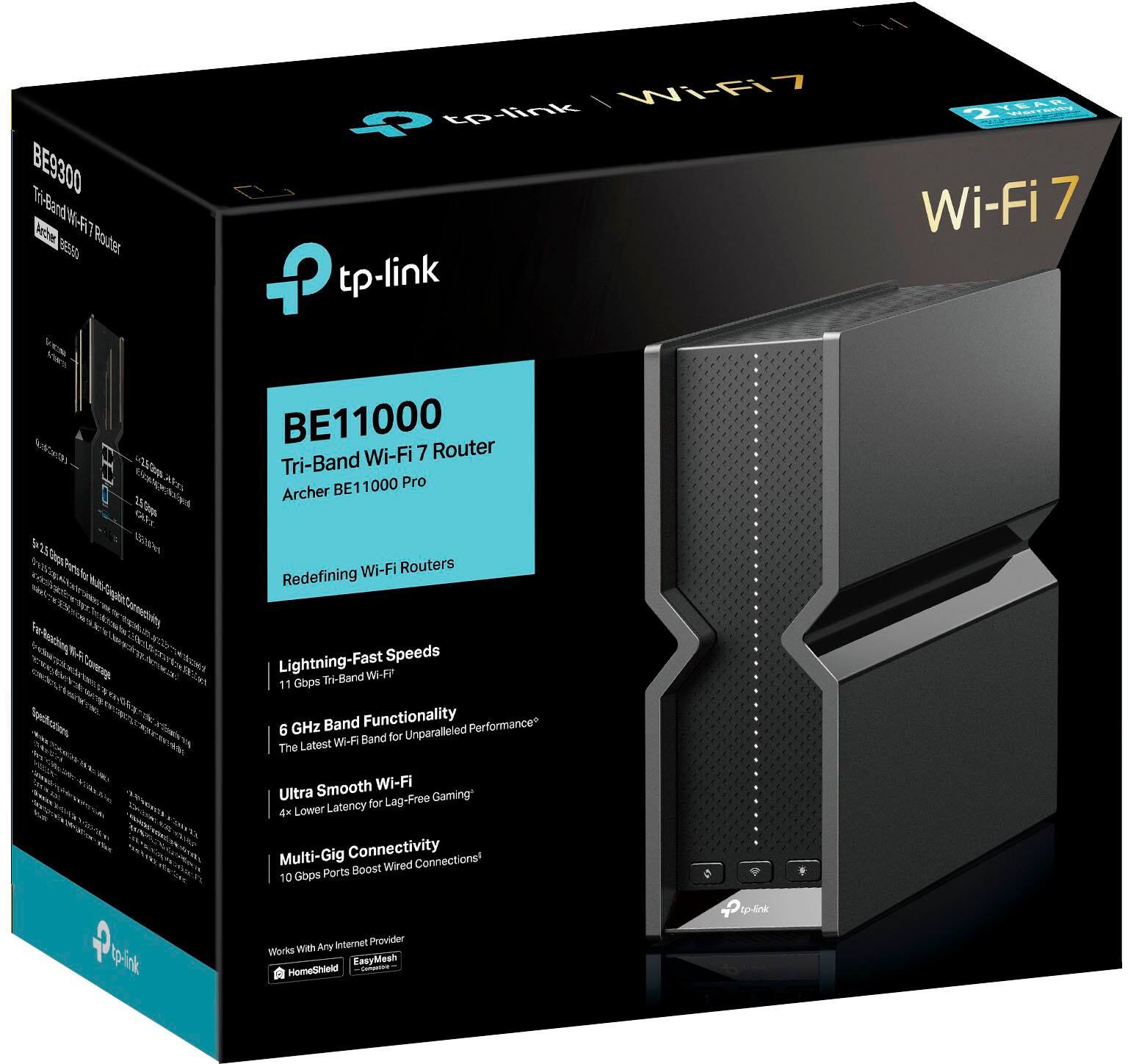 The text on the image reads: "BE9300 Ti-End WA 2e 7 BE0 Poder / Ciin tp.link tp-link 21AR Wi-Fi 7 Seth V 15 Sep Cenhe tim Conckies ln 4On SSWM BE11000 Wi-Fi 7 Router Tri-Band BE1 E11000 Pro Archer Wi-Fi Routers Redefining fre pots  Ta Lightning-Fast Speeds Tri-Band WI-FP 11 Gops 6 GHz Band Functionality Performance Wi-Fi Band for Unparalleled The Latest Smooth Wi-Fi Ultra Lag-Free Gaming Latency for 4 Lower Multi-Gig Connectivity Connections Ports Boost Wired 10 Gops * tp-link tp-ink internet Provider Works With Ary EasyMeah NomeShield."