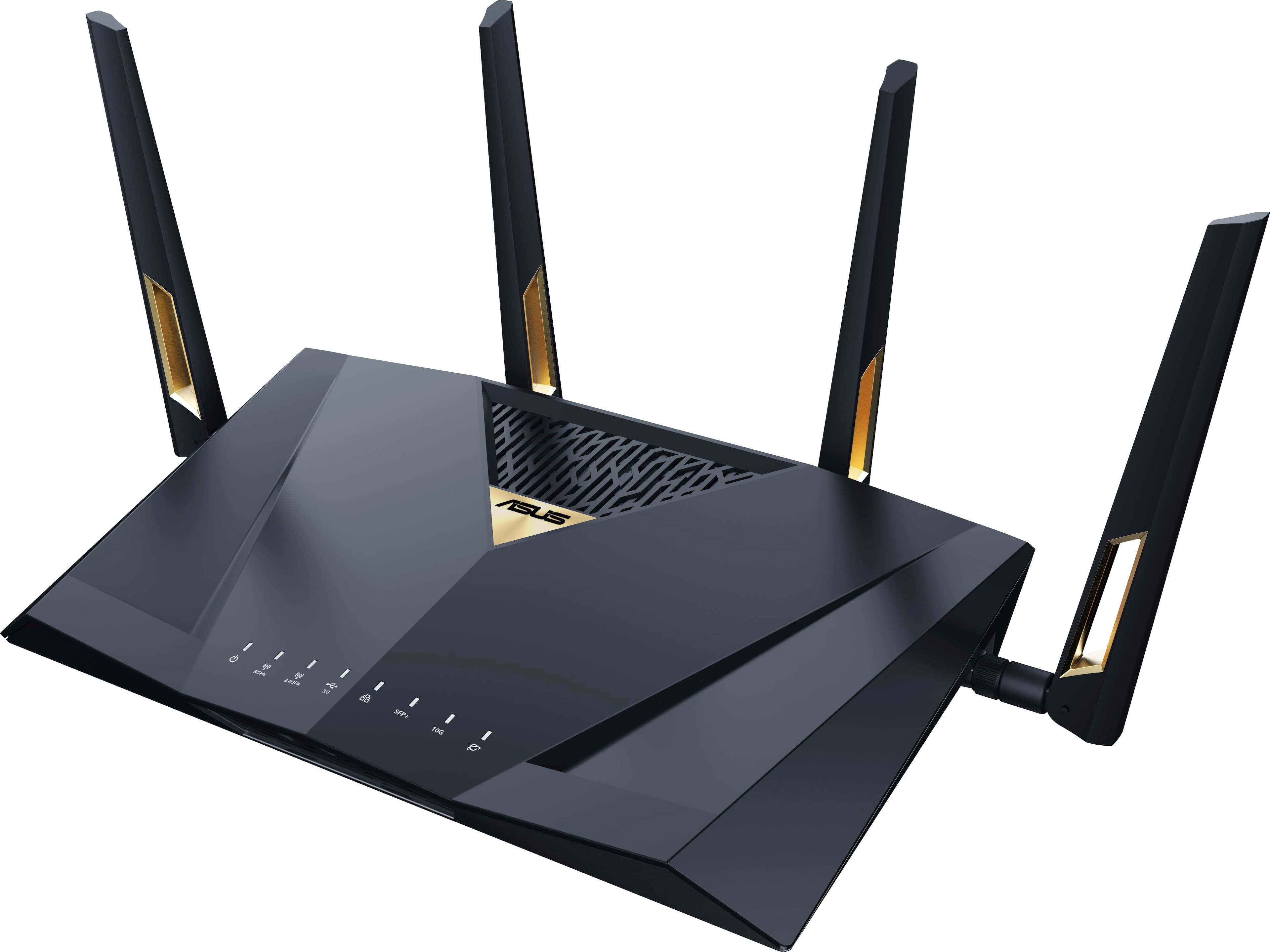 The image features a black router with a black base, which has a gold logo on it. The router is sitting on a white background, making it stand out.