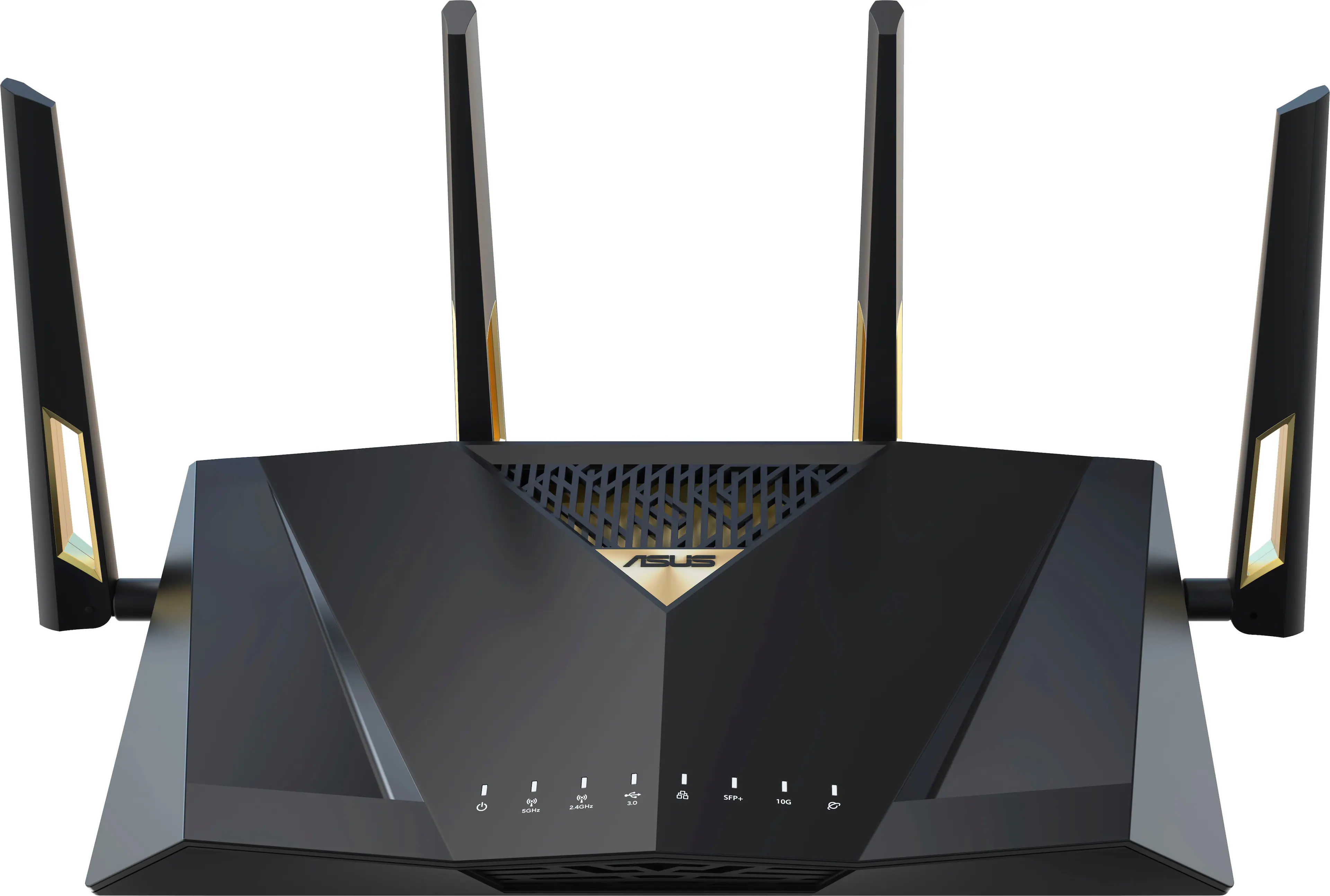 The image features a black and gold router with three antennas on top. The router is made by ASUS and has a unique design. The antennas are positioned at different angles, providing better coverage and signal strength. The router is placed on a white background, which highlights its sleek and modern appearance.