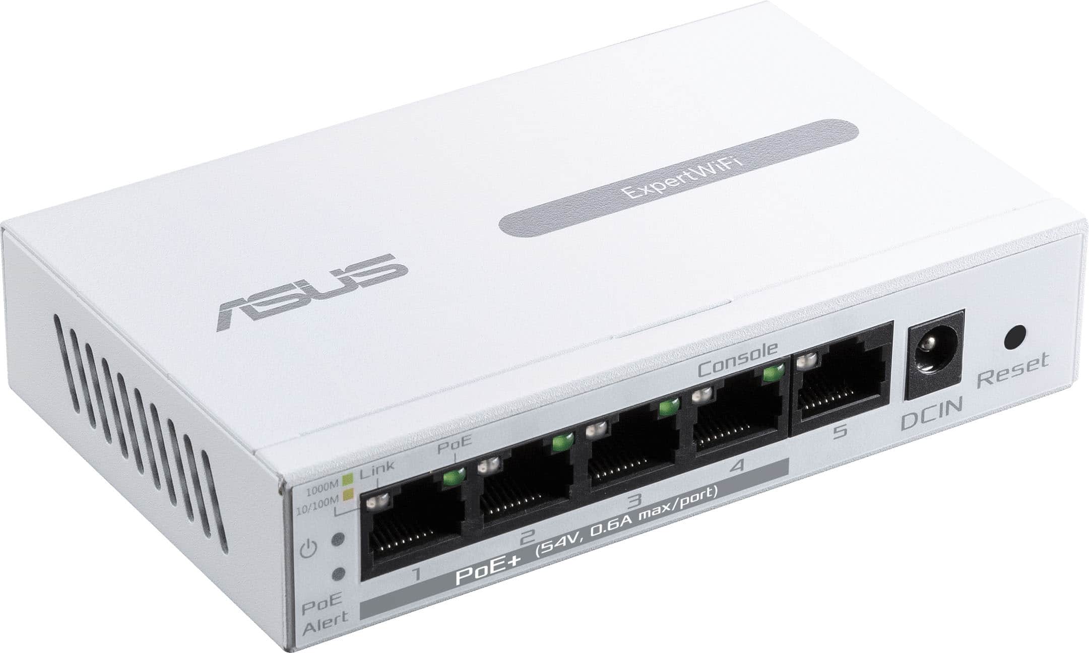 The text on the image reads: "ExpertWiFi ASUS Console 5 Port Link ... CA 200OR AA 20/2008 E max/part) .6A LAIR 1 2 POE (S4V, PoE+ PRP 1 OR PoE GREE Alert E - Reset DCIN."