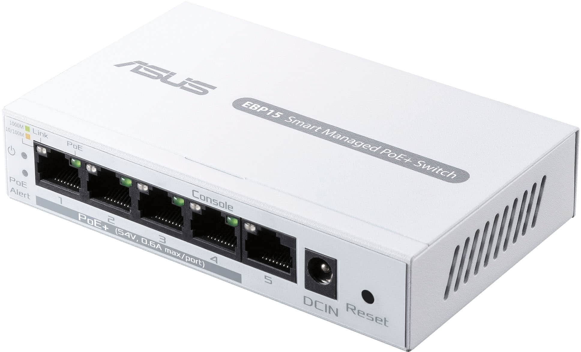 The image shows a white ASUS EBP15 15 VA V Link Smart Console PoE+ Switch. This device has four ports, and it is designed for easy management. The switch is equipped with a photo alert feature, and it also has a console port for added convenience. The maximum power supply for this device is 6A, and it has a reset button for easy troubleshooting.