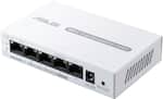 The image shows a white ASUS EBP15 15 VA V Link Smart Console PoE+ Switch. This device has four ports, and it is designed for easy management. The switch is equipped with a photo alert feature, and it also has a console port for added convenience. The maximum power supply for this device is 6A, and it has a reset button for easy troubleshooting.