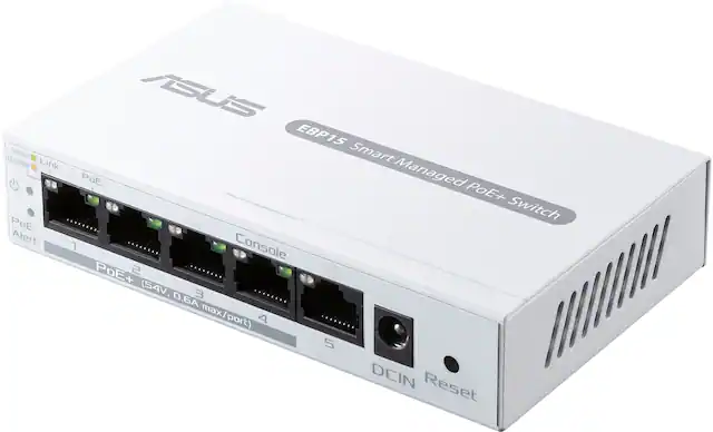 The image shows a white ASUS EBP15 15 VA V Link Smart Console PoE+ Switch. This device has four ports, and it is designed for easy management. The switch is equipped with a photo alert feature, and it also has a console port for added convenience. The maximum power supply for this device is 6A, and it has a reset button for easy troubleshooting.