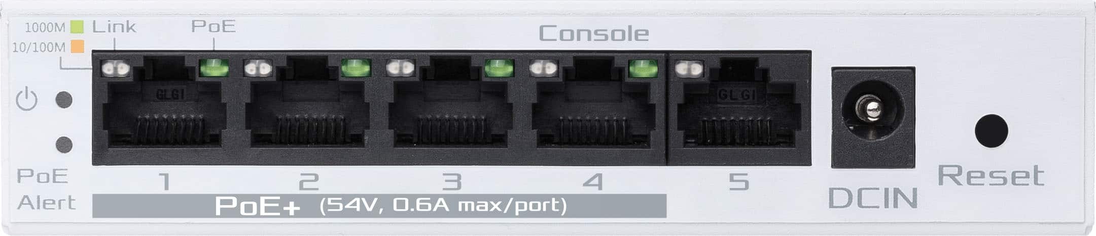 The image shows a white device with a row of four ports. The device is a console with a PoE alert system. The ports are labeled with numbers 1 to 4, and there is a reset button on the right side of the device. The device is designed to provide 1000M link and 10/100M PoE capabilities, with a maximum power consumption of 6A per port.