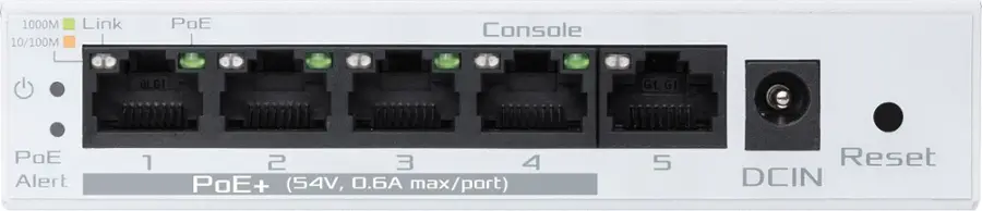 The image shows a white device with a row of four ports. The device is a console with a PoE alert system. The ports are labeled with numbers 1 to 4, and there is a reset button on the right side of the device. The device is designed to provide 1000M link and 10/100M PoE capabilities, with a maximum power consumption of 6A per port.