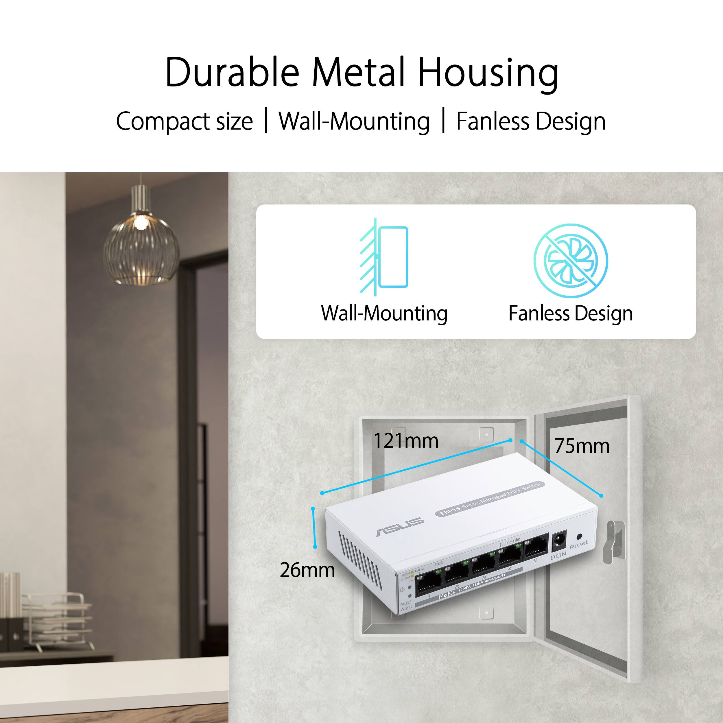 Durable Metal Housing: Compact size, wall-mounting, fanless design.