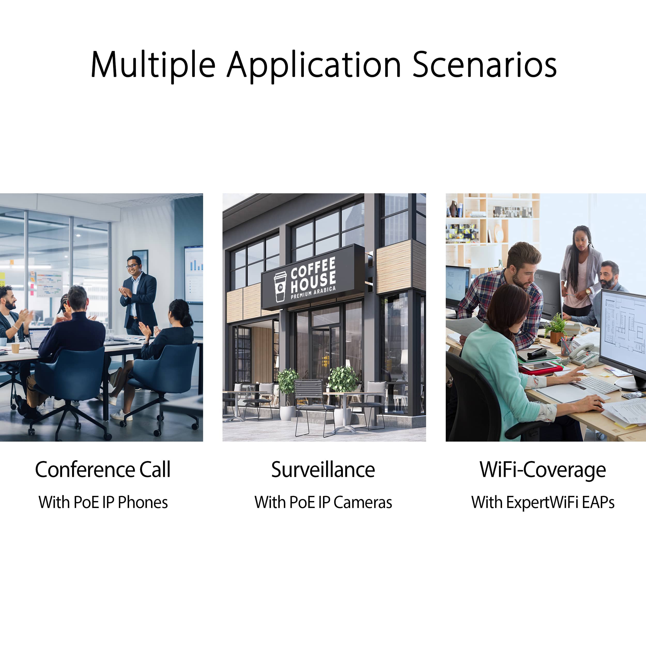 Multiple Application Scenarios:
1. Conference Call: With PoE IP Phones
2. Surveillance: With PoE IP Cameras
3. WiFi-Coverage: With ExpertWiFi EAPs