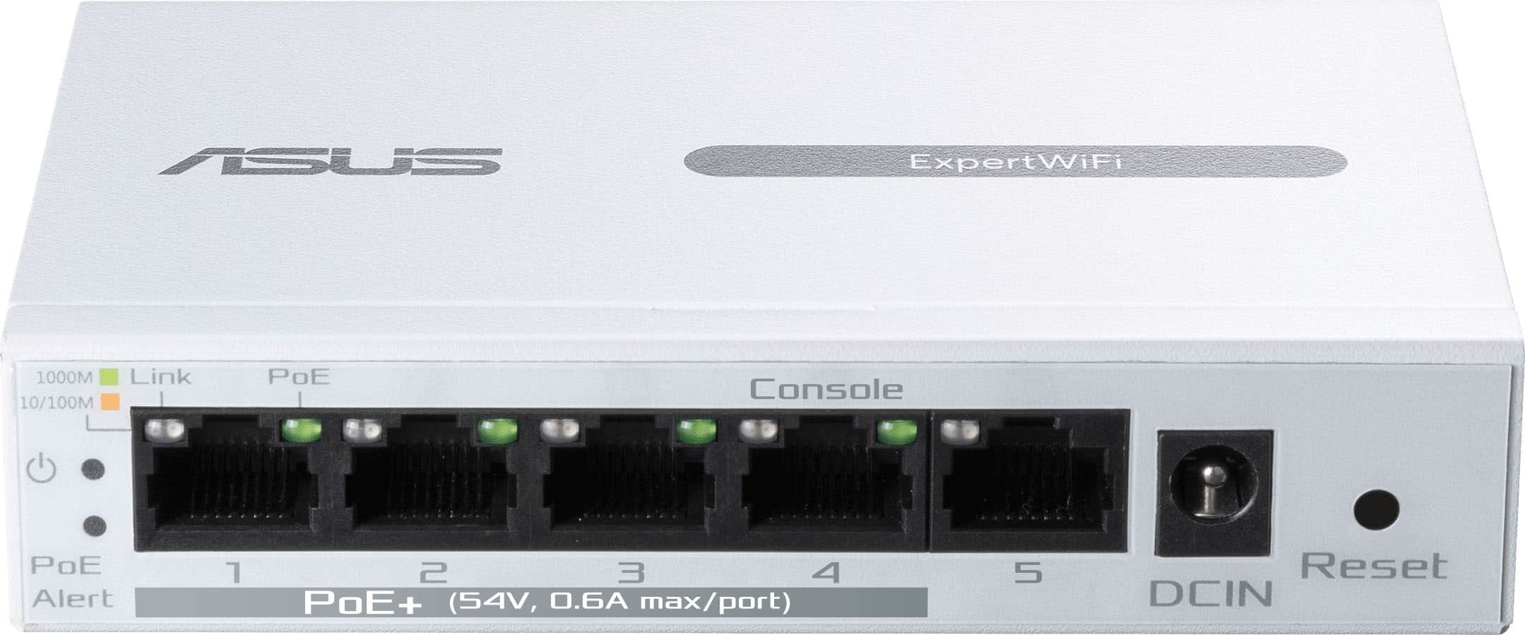 ASUS ExpertWiFi 1000M Link 10/100M - PoE Console PoE Alert 2 3 4 PE+ (54V, .6 max/port) 5 Reset DCIN