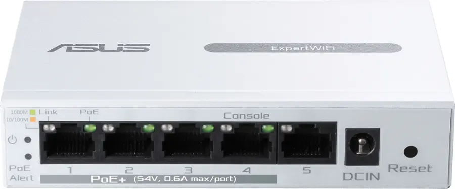 ASUS ExpertWiFi 1000M Link 10/100M - PoE Console PoE Alert  2 3 4 PE+ (54V, .6 max/port) 5 Reset DCIN