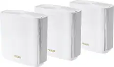 The image features three white ASUS routers, each with a different size. They are arranged in a row, with one router being larger than the other two. The largest router is positioned in the middle, while the two smaller ones are placed on either side. The routers are designed to provide wireless internet access and are likely used for home or office networks.