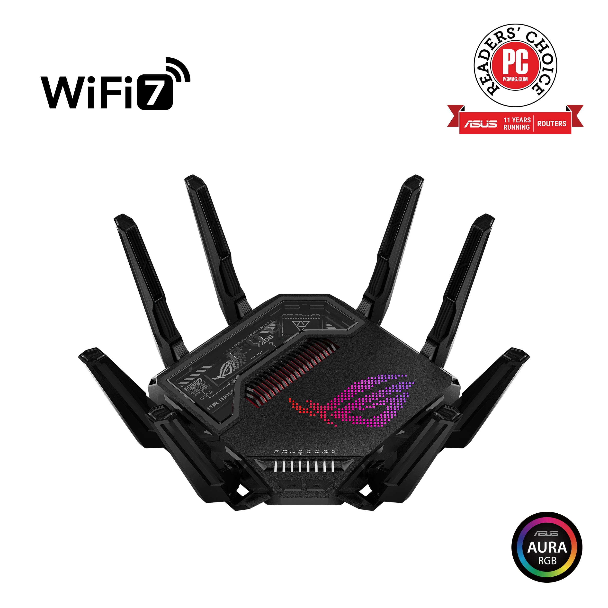 WiFi 7 READERS PC CHOICE T ASUS RUNNING 11 YEARS ROUTERS 06. VIM sI THN FUM ASUS AURA RGB.