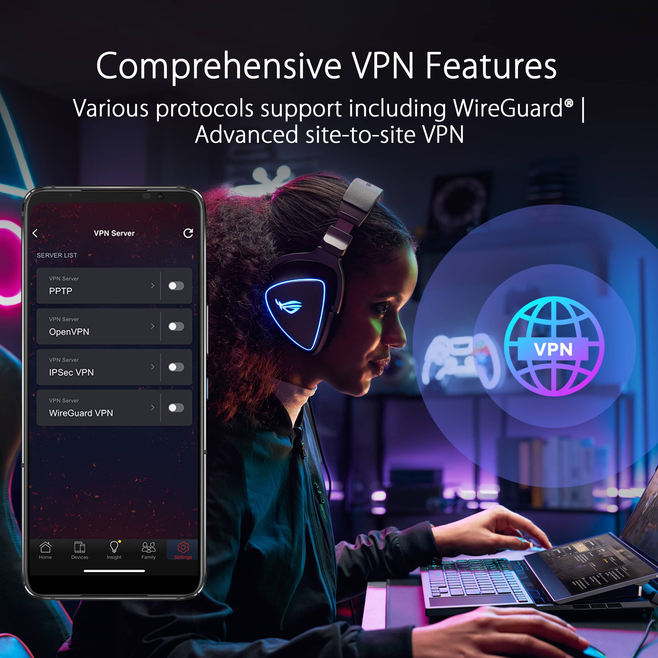 Comprehensive VPN Features: Various protocols support including WireGuard | Advanced site-to-site VPN | VPN Server | PPTP | OpenVPN | IPSec VPN | VPN Server | WireGuard VPN | VPN noma | LSa insight | Family Setings | YT.