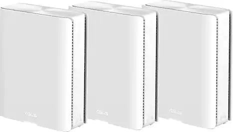 The image features three white boxes, each labeled "ASUS ZenWiFi." These boxes are likely electronic devices, such as routers or Wi-Fi extenders, designed to enhance internet connectivity in a home or office setting.