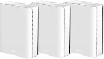 The image features three white boxes, each labeled "ASUS ZenWiFi." These boxes are likely electronic devices, such as routers or Wi-Fi extenders, designed to enhance internet connectivity in a home or office setting.