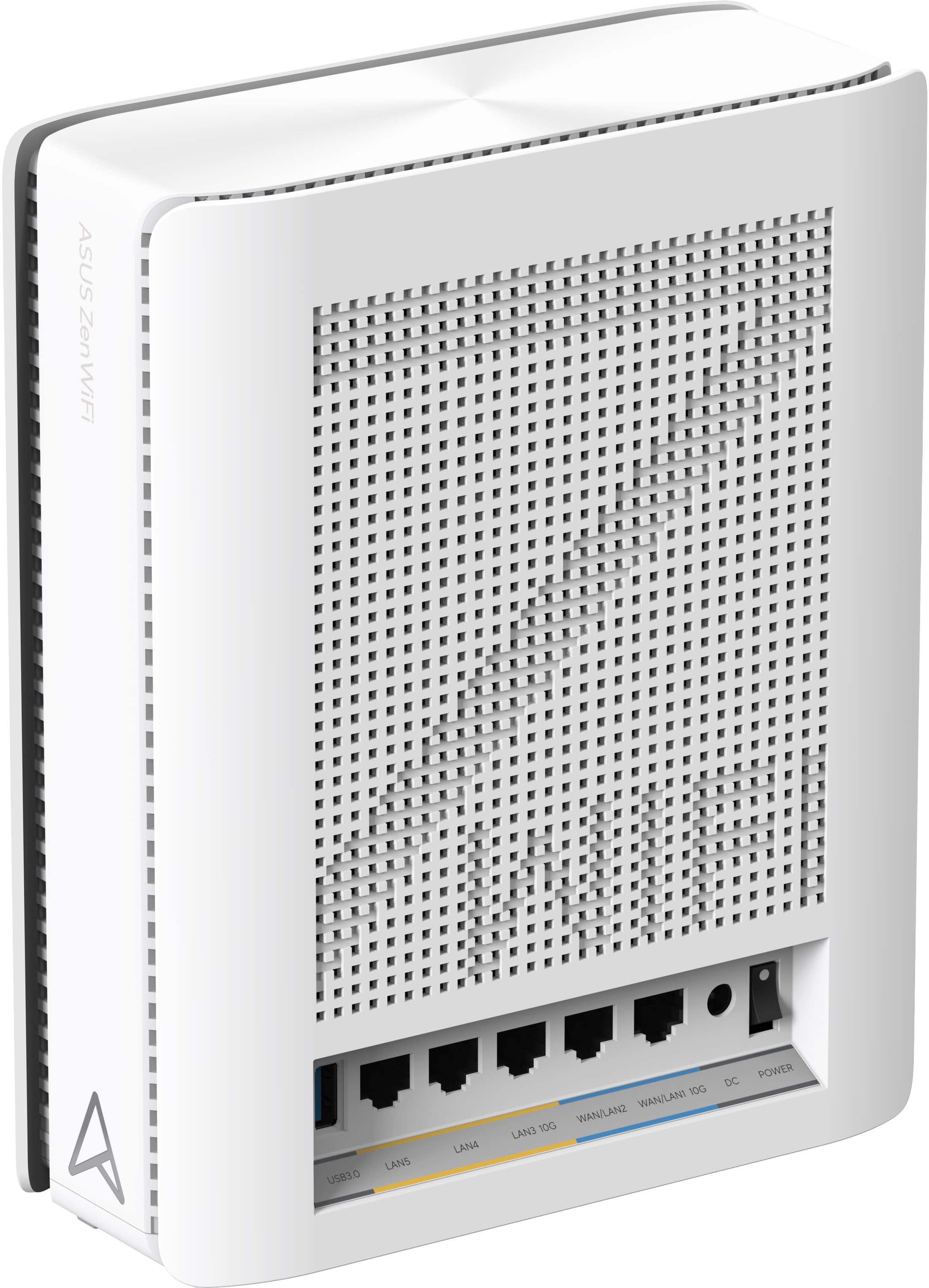 The image features a white box with a ZenWiFi router inside. The router has a total of four ports, including two USB ports and two LAN ports. The device is designed to provide a reliable and fast internet connection to multiple devices, making it a suitable choice for both home and office use.